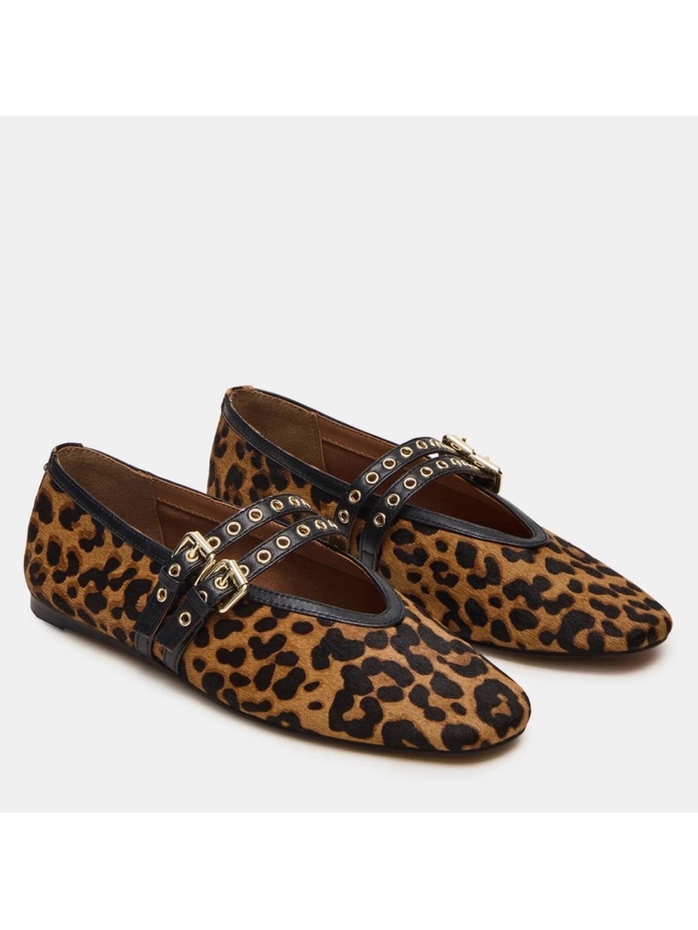 Steve Madden Leopard-Print Mary Jane Flats with Black Trim and Gold Buckles
